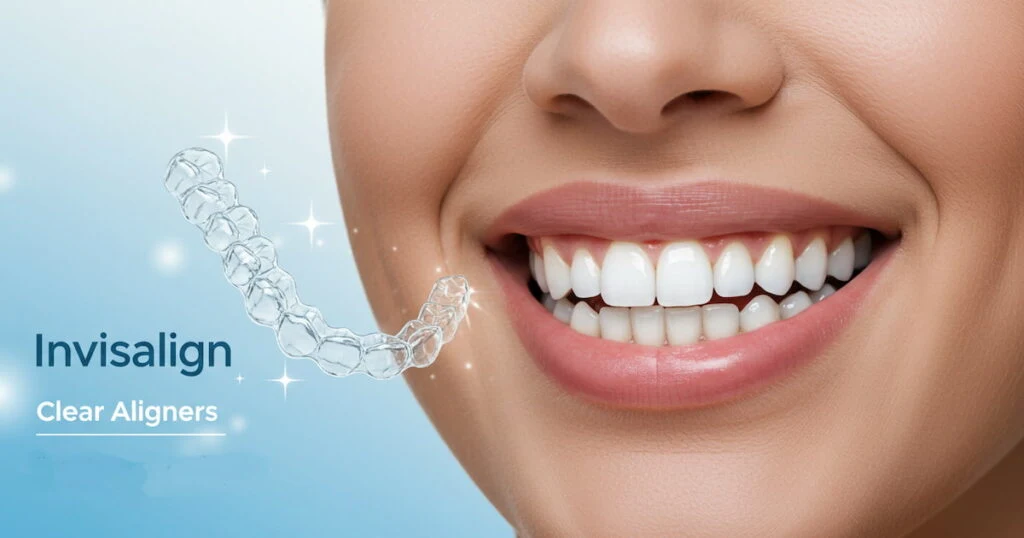 Clear aligners beside a smiling person, with the words Invisalign Clear Aligners